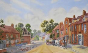 E Marshall (British 20th century) oil on board, bygone street scene, unsigned within a card mount