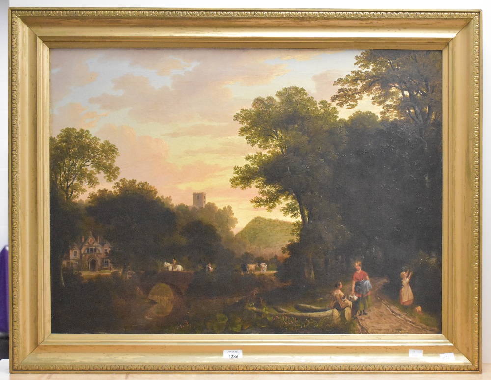 A 19th century English school oil on canvas, rural scene with figures, cattle and horse crossing a - Image 2 of 3