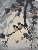 Japanese style ink and colour on fabric, depicting birds and flowers, signed indistinctly lower