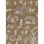 An Indian Warli tribal painting on fibrous paper, depicting various figures carrying out daily