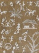 An Indian Warli tribal painting on fibrous paper, depicting various figures carrying out daily