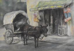 Artist unknown, charcoal and coloured chalks, mule with cart, initialled VDW lower right, within a