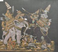 Three attractive Thai silk polychrome screen prints, traditional warriors with chariots and