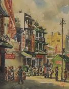 Ling (20th century) watercolour, an interesting Hong Kong street scene with figures, signed lower
