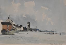 After John Tookey (20th Century, British), colour print, coastal landscape with boats and houses,