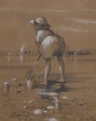 Frederick Taylor (British 1802-1889) watercolour and bodycolour sketch, a young girl paying on the