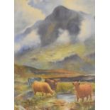 G.H Platt (20h century) watercolour, Scottish Highland scene with cattle, signed lower right, within