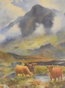 G.H Platt (20h century) watercolour, Scottish Highland scene with cattle, signed lower right, within