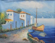 A colourful 20th century oil on canvas, Mediterranean coastal scene with boats, signed 'sautors'