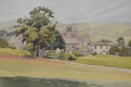 Kathleen Bibby (British contemporary) watercolour, rural village scene with church, signed lower