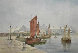 Artist unknown, 20th century English school watercolour, harbour scene within peach card mount, gilt