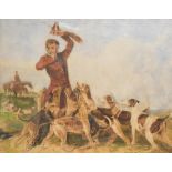 After Richard Ansdell British (1815â€“1885) watercolour 'The Huntsman and Hounds' within green