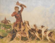 After Richard Ansdell British (1815â€“1885) watercolour 'The Huntsman and Hounds' within green