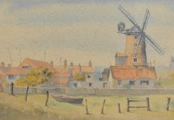 Artist unknown, 20th century English school watercolour, Norfolk windmill scene, likely Cley
