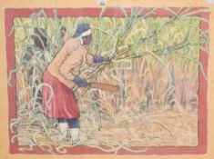Hilary Armstrong (Contemporary) Batik showing a woman cutting crops with a machete, within gilt