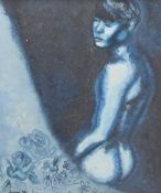 Leavers (Artist unknown) a 1970's oil on board, figure with flowers in blue tones, signed and