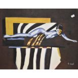 A Wood (Contemporary) acrylic on unstretched canvas, partial nude woman surrounded by musical