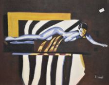 A Wood (Contemporary) acrylic on unstretched canvas, partial nude woman surrounded by musical