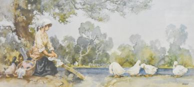 E Sturgeon (British, 20th Century) colour print 'Washerwoman and Geese', signed lower right,