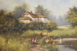 Les Parson (British b.1945) oil on canvas, idyllic rural scene with thatched cottage and children