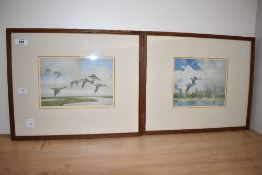 Two prints of Ducks in flight after Sir Peter Markham Scott mounted framed and glazed 42.5cm x 35cm