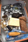 A selection of woodworking tools including a Craft Power BPF-1200 1200W router complete with bits, a
