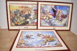 Three Terry pratchett illustrated prints depicting the book art from Mort, Equal Rites and The Light