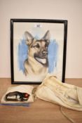 A German Shepherd painting on silk framed and glazed 32cm x 27cm sold along with a vintage sewing