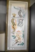 A group of three framed hand painted tiles, believed to be Japanese and decorated with Prawns,