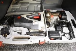 An 18 volt Power Jigsaw in carrying case sold along with a 14.4 volt Hammer Drill Driver in carrying