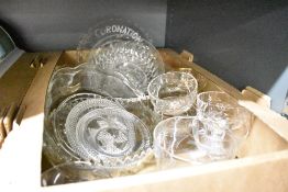 A carton of assorted pressed and cut glass including dessert dishes, bowls and tazza's etc.