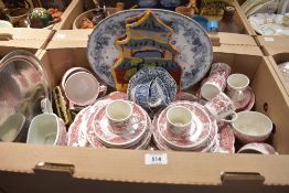 A selection of pink and white ware including Ridgeway 'Windsor' (23), an embroidered tea caddy in