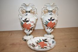 A pair of James Kent Old Foley Eastern Glory pattern vases and matching dish