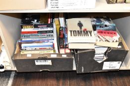 Two boxes containing various Military history books, to include The Animals' War, The Lancaster