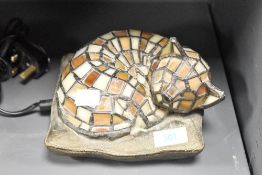A Tiffany style sleeping cat lamp, w17cm x h15cm