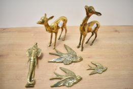 A brass elephant door knocker, L17.5cm, sold together with a pair of brass fauns and 3 flying
