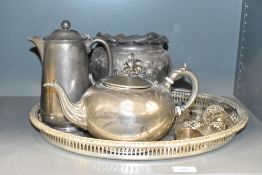A James Allen silver plated tea pot, having eagle handle and shaped spout, decorated with floral
