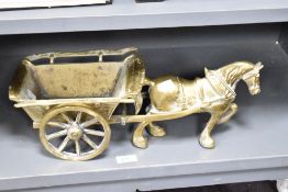 A heavy vintage cast brass workhorse with cart, L42cm