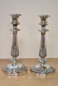 A pair of George III style silver plated candlesticks decorated with foliate, h31.5cm