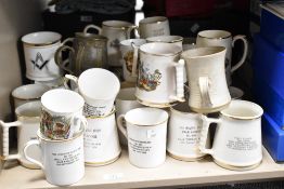 A large group of tankards each decorated with various scenes, to include Vale Lodge, A Memento of