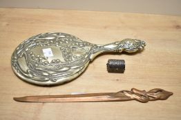 An Art Nouveau style hand mirror, L28cm, sold together with a Art Nouveau letter opener, L27cm and a