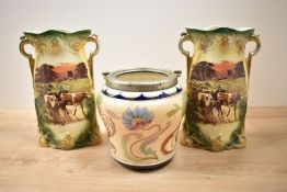 A Carlton Ware Art Nouveau design biscuit barrel with EPNS mount (lacking cover) sold along with a