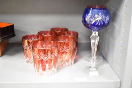 A set of 6 cranberry glass tumblers, h9cm, sold together with a pair of wine glasses, ( 8 )