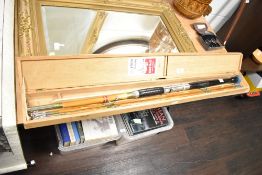 A Japanese Kyoto-Ya 5 piece fishing kit with wooden case, 98cm.