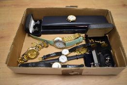A box containing various ladies and gents wrist watches (6), sold together with cufflinks and pin
