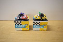 Two Tri-ang Scalextric Sidecars, B1 Typhoon in red with racing number 1 and the riders wearing