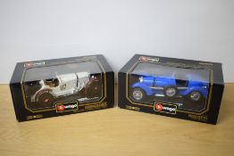 Two Burago 1:18 scale die-casts, 3002 1931 Mercedes Benz SSKL Caracciola and 3005 1934 Bugatti
