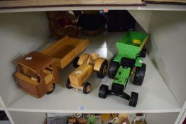 A Tonka Toys Tractor and Trailer along with two Wooden Toys, Tractor and Truck