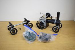 A Mamod Live Steam TWK1 Steam Tractor and Timber Wagon, both in black and silver, very little use