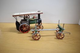 A Mamod Live Steam TE1A Steam Tractor with Log Trailer, burner tray present, original box present